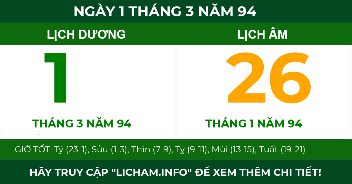 lịch âm ngày 1 tháng 3 năm 94