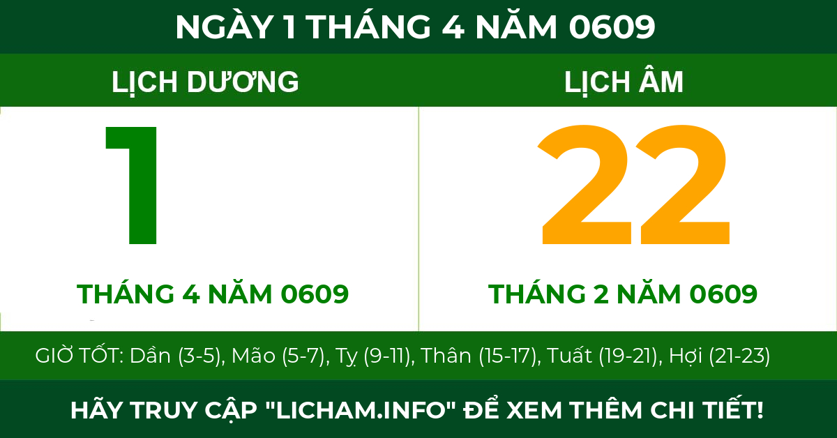 lịch âm ngày 1 tháng 4 năm 0609