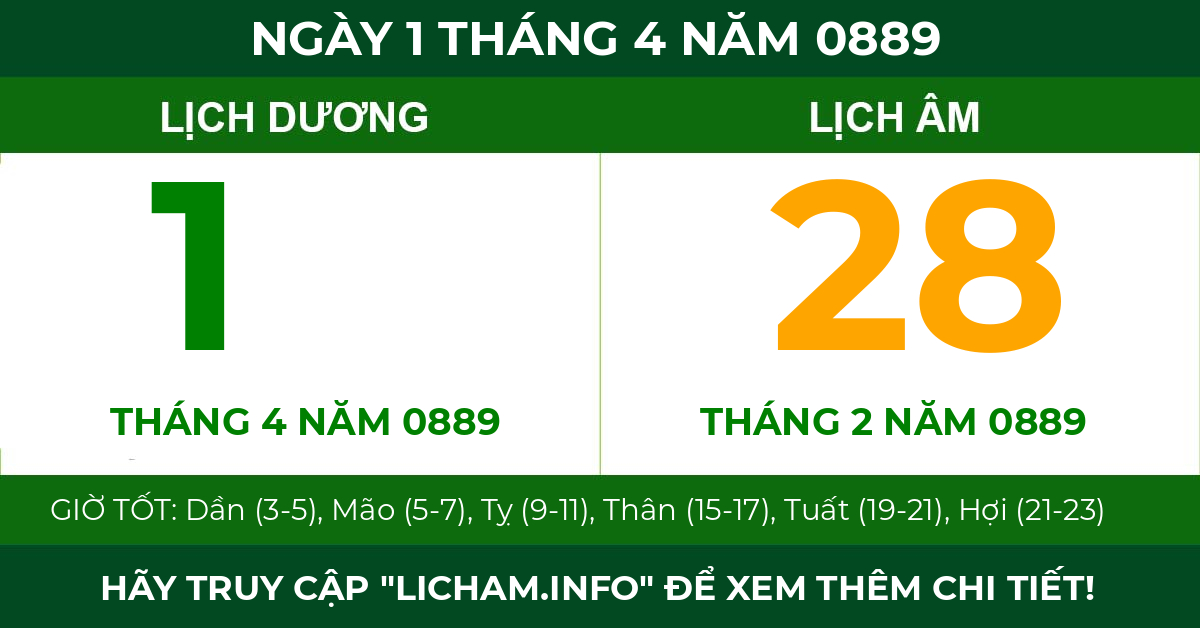 lịch âm ngày 1 tháng 4 năm 0889