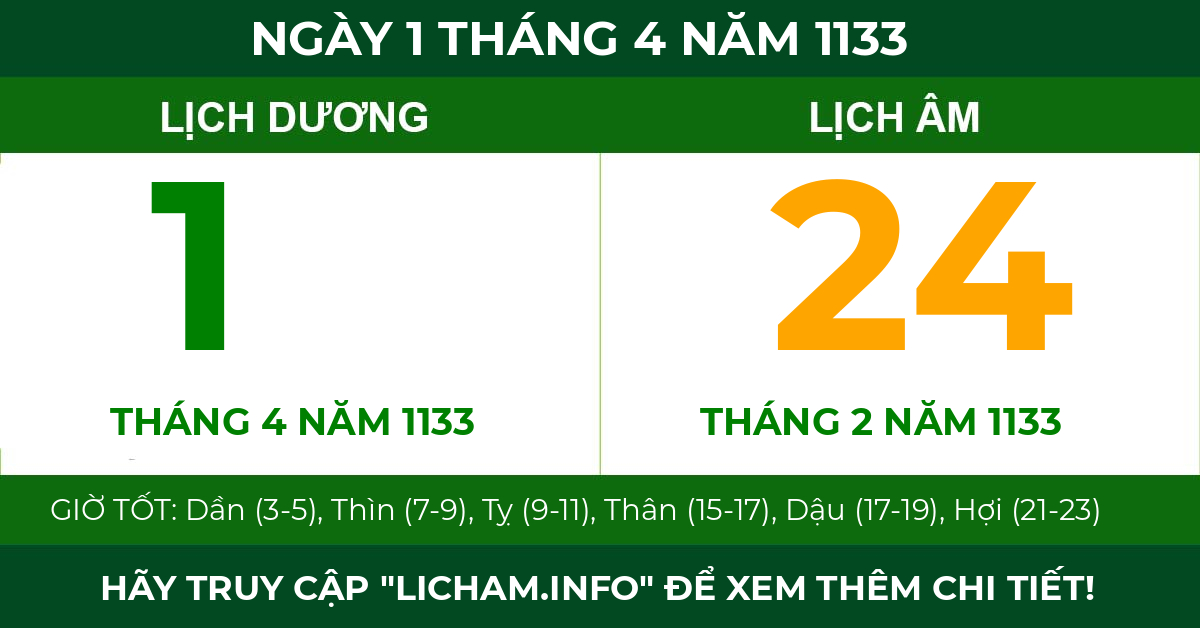 lịch âm ngày 1 tháng 4 năm 1133