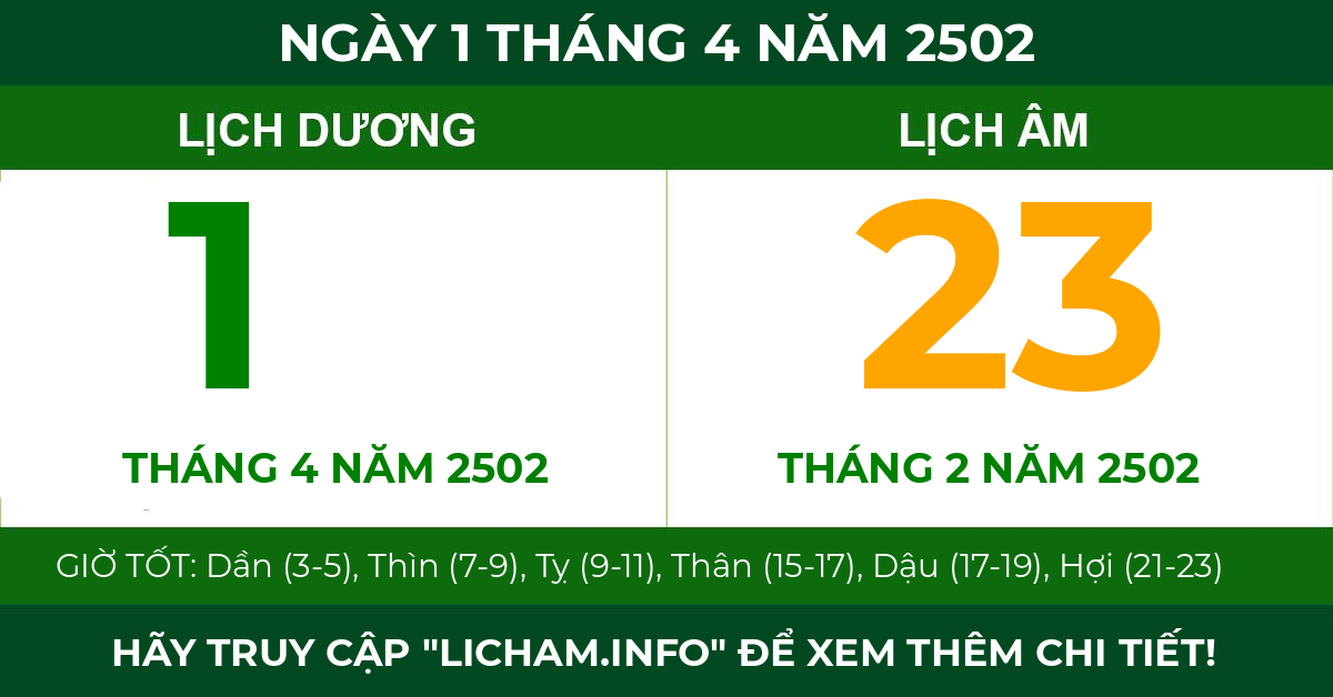 lịch âm ngày 1 tháng 4 năm 2502