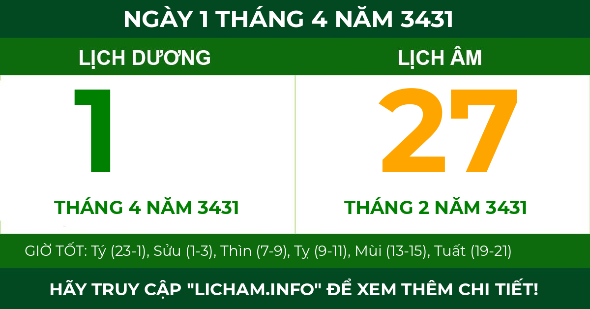 lịch âm ngày 1 tháng 4 năm 3431