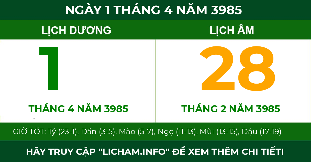 lịch âm ngày 1 tháng 4 năm 3985