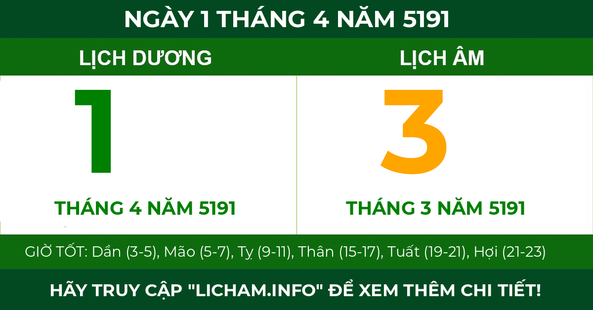 lịch âm ngày 1 tháng 4 năm 5191