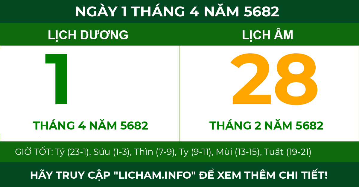 lịch âm ngày 1 tháng 4 năm 5682