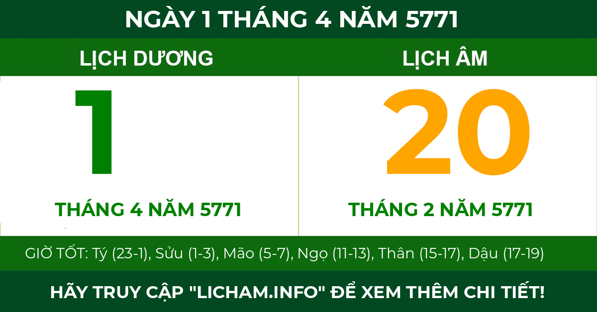 lịch âm ngày 1 tháng 4 năm 5771