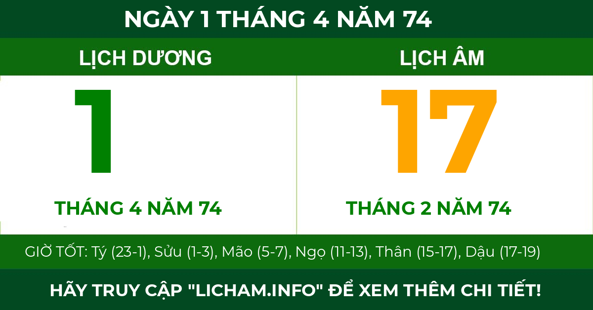 lịch âm ngày 1 tháng 4 năm 74