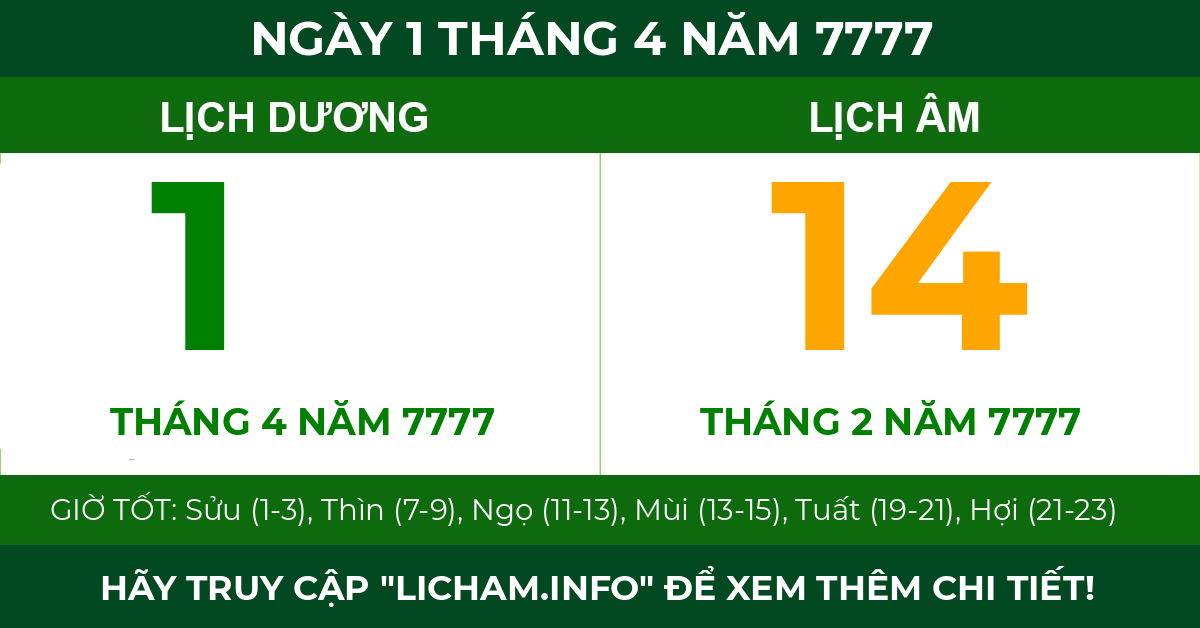 lịch âm ngày 1 tháng 4 năm 7777
