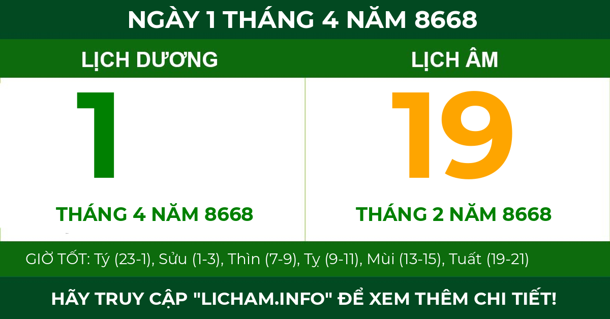 lịch âm ngày 1 tháng 4 năm 8668