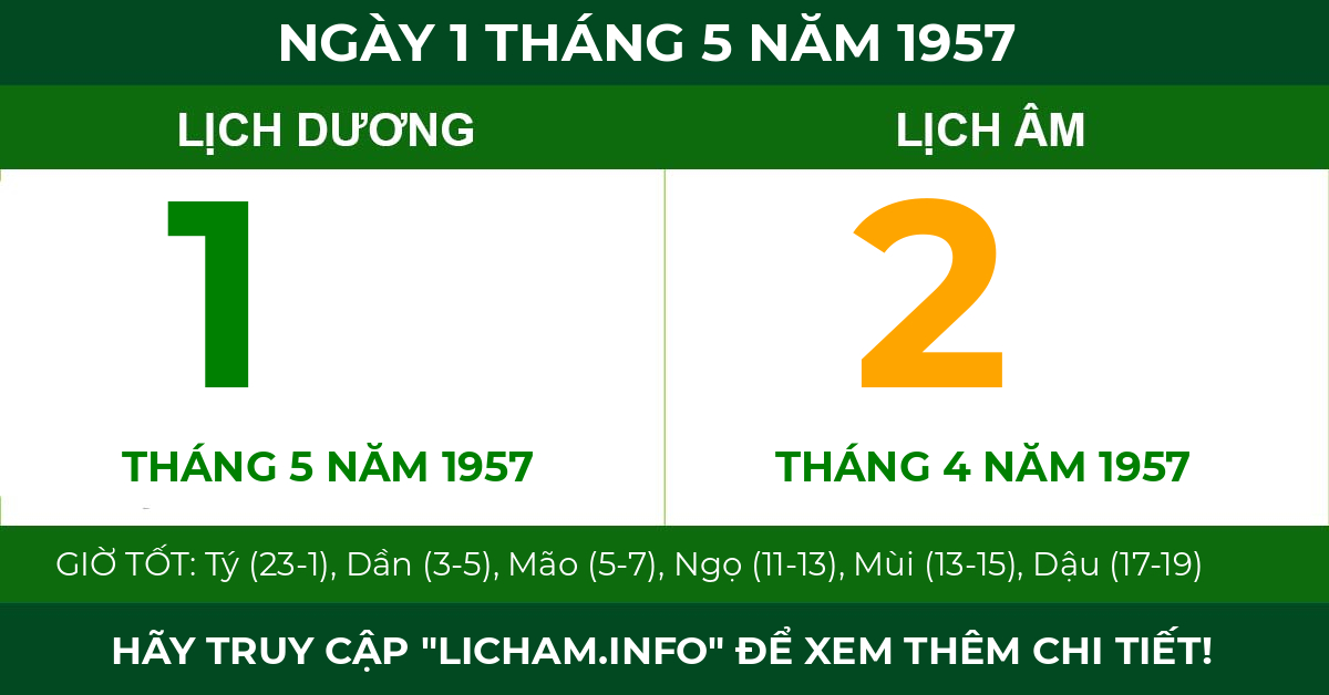 lịch âm ngày 1 tháng 5 năm 1957