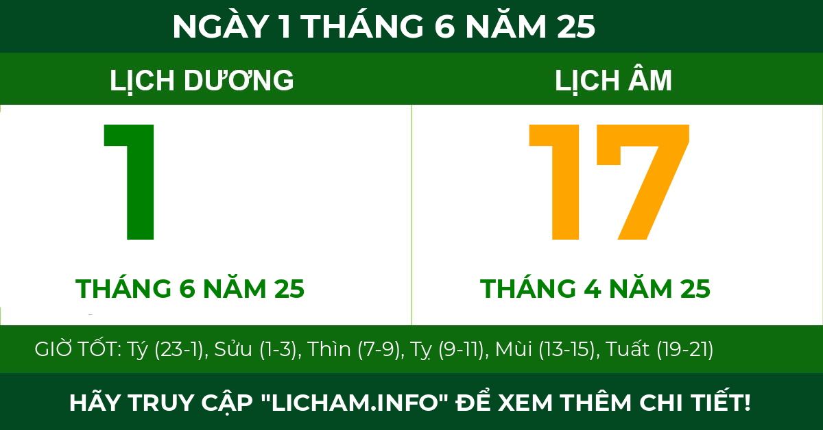 lịch âm ngày 1 tháng 6 năm 25