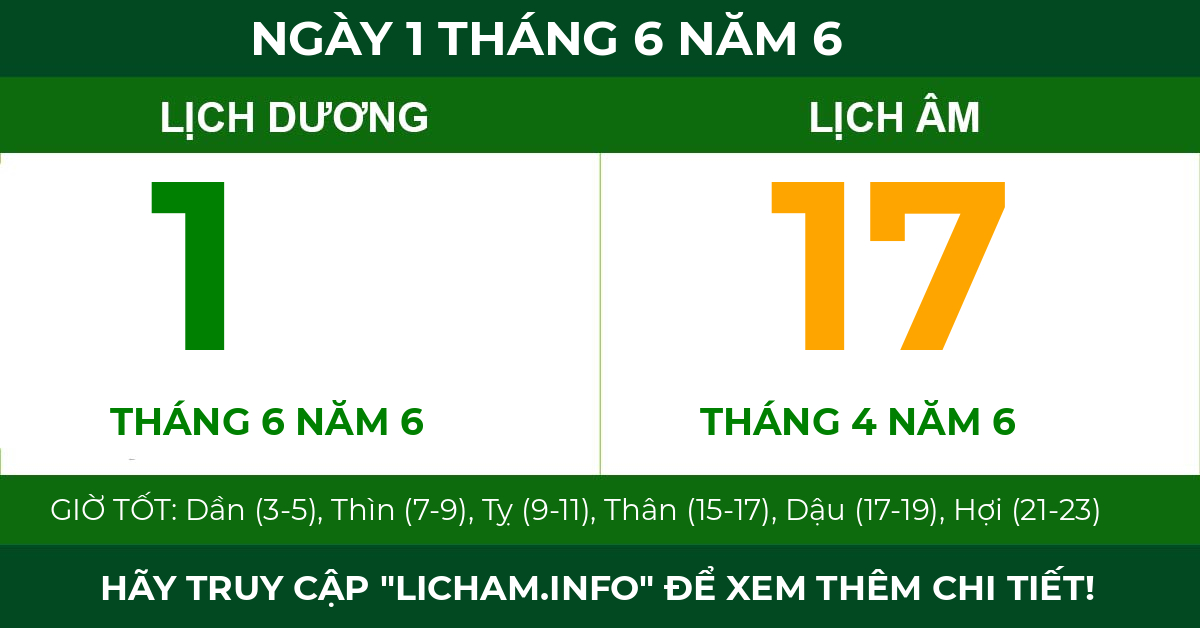 lịch âm ngày 1 tháng 6 năm 6