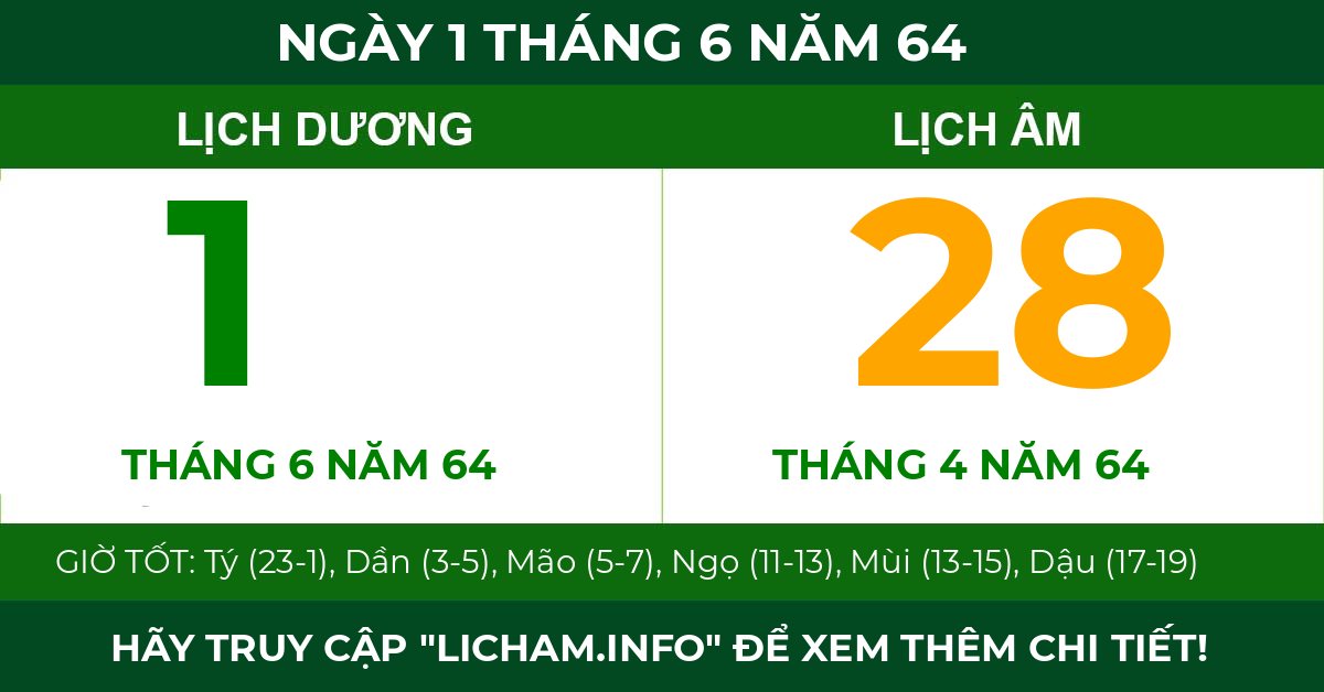 lịch âm ngày 1 tháng 6 năm 64