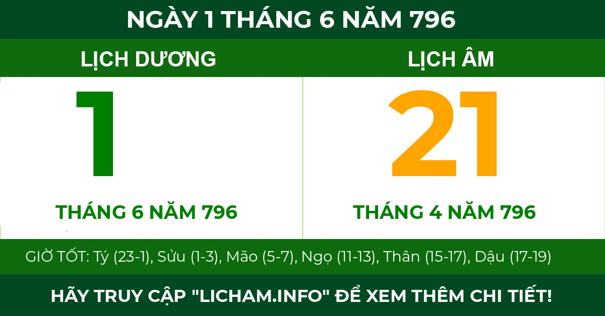 lịch âm ngày 1 tháng 6 năm 796