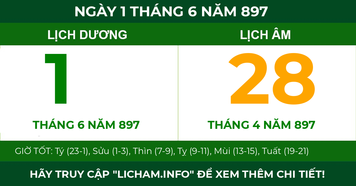 lịch âm ngày 1 tháng 6 năm 897