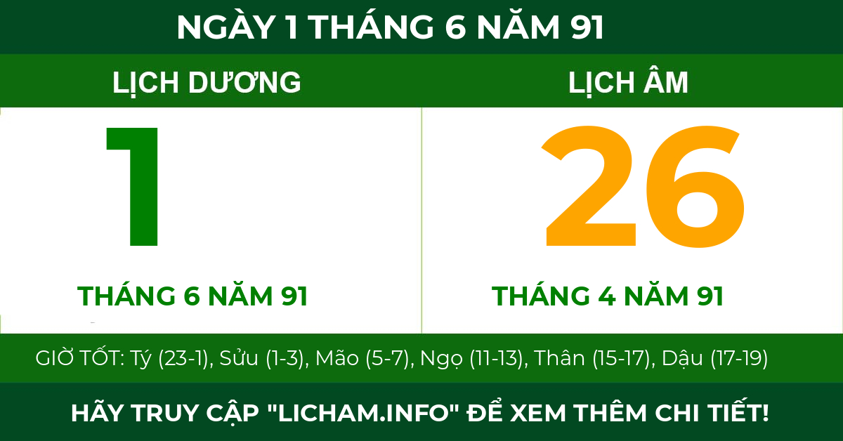 lịch âm ngày 1 tháng 6 năm 91