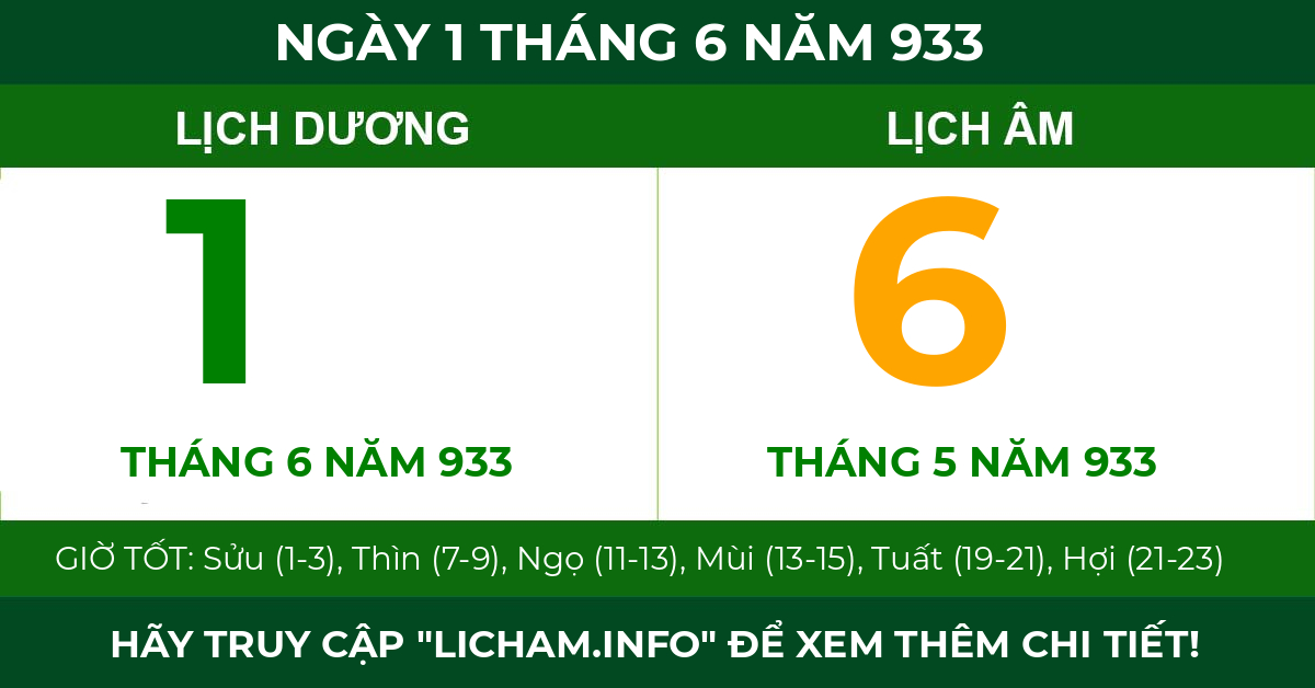 lịch âm ngày 1 tháng 6 năm 933