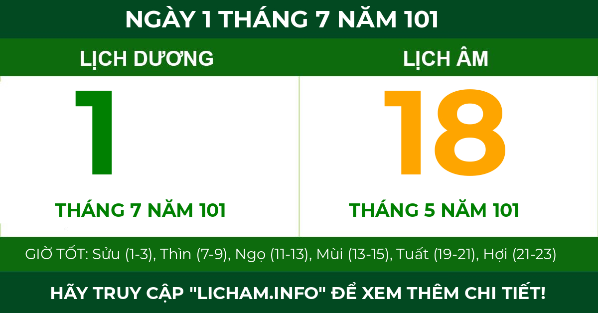 lịch âm ngày 1 tháng 7 năm 101