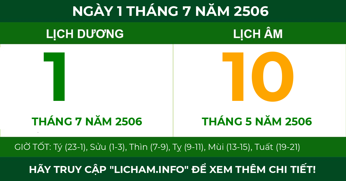 lịch âm ngày 1 tháng 7 năm 2506