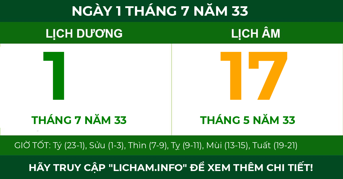 lịch âm ngày 1 tháng 7 năm 33