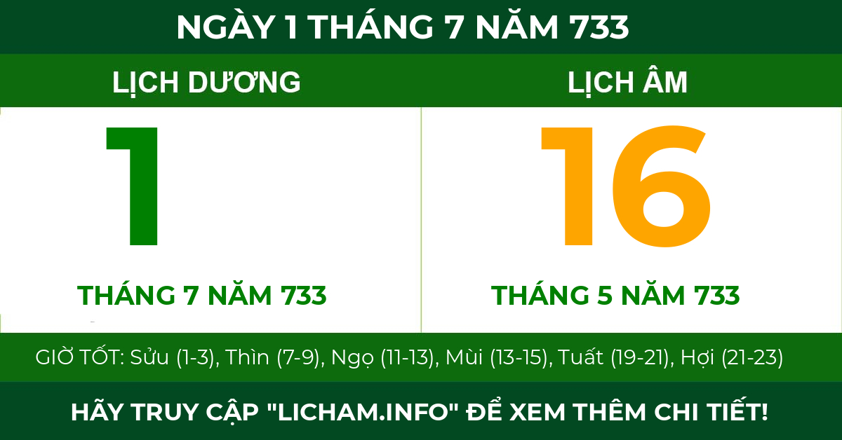 lịch âm ngày 1 tháng 7 năm 733