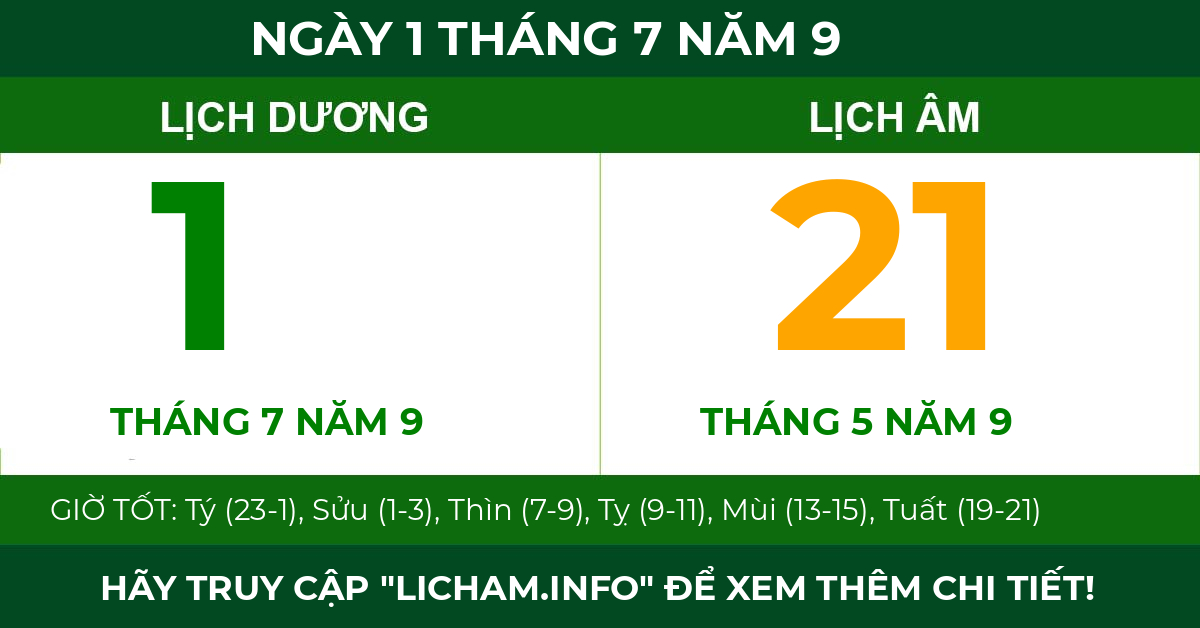 lịch âm ngày 1 tháng 7 năm 9
