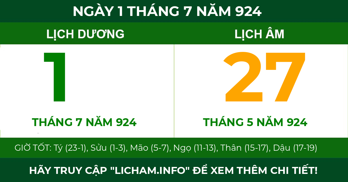 lịch âm ngày 1 tháng 7 năm 924