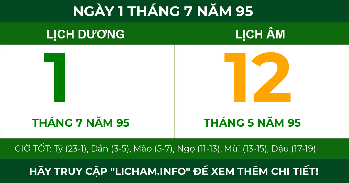 lịch âm ngày 1 tháng 7 năm 95