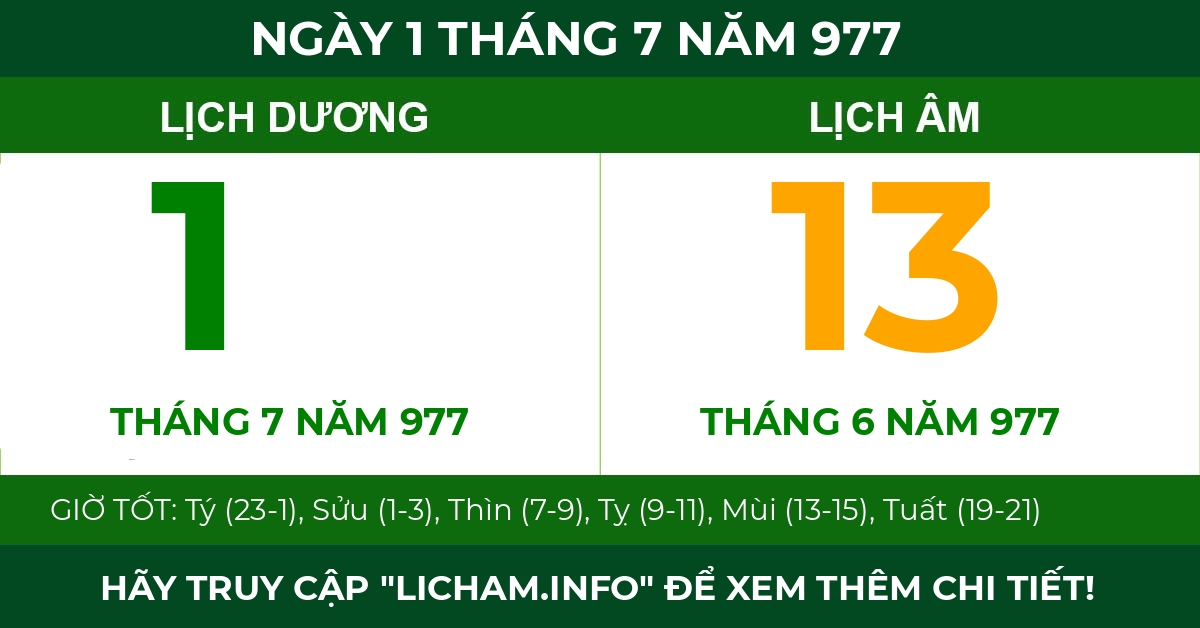 lịch âm ngày 1 tháng 7 năm 977