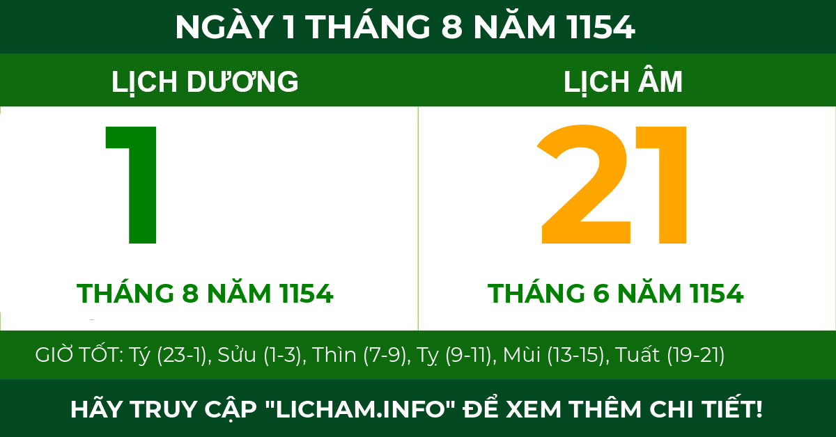 lịch âm ngày 1 tháng 8 năm 1154