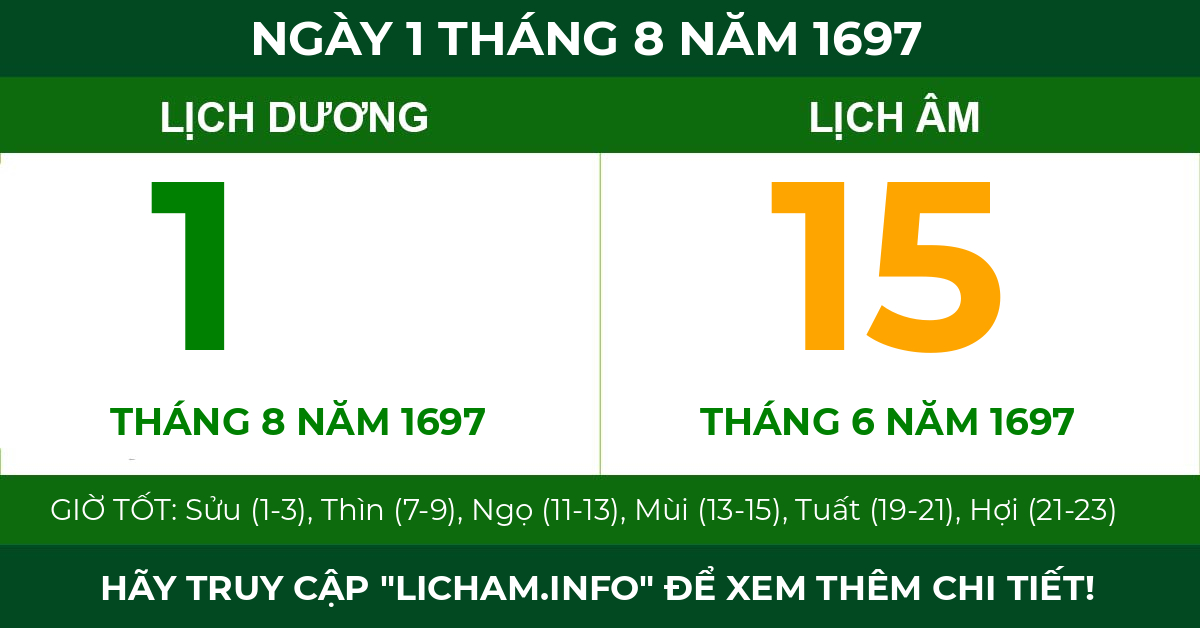 lịch âm ngày 1 tháng 8 năm 1697