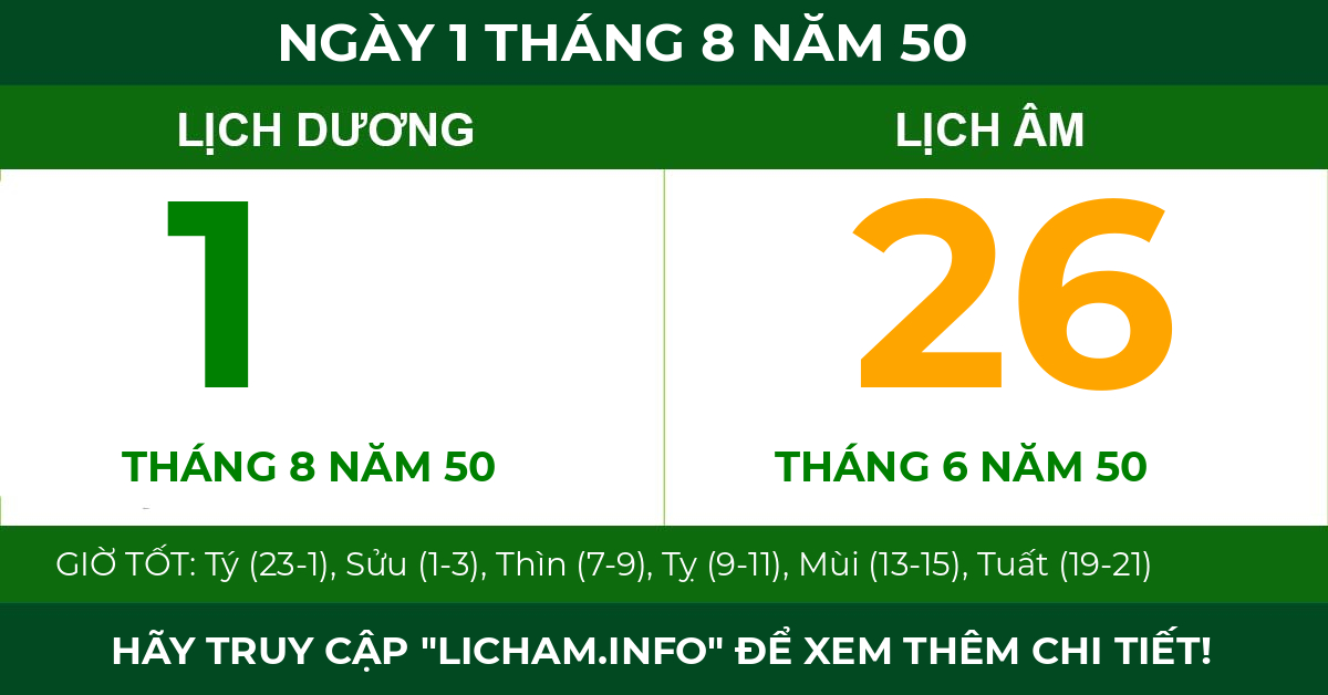 lịch âm ngày 1 tháng 8 năm 50