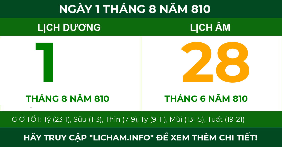 lịch âm ngày 1 tháng 8 năm 810