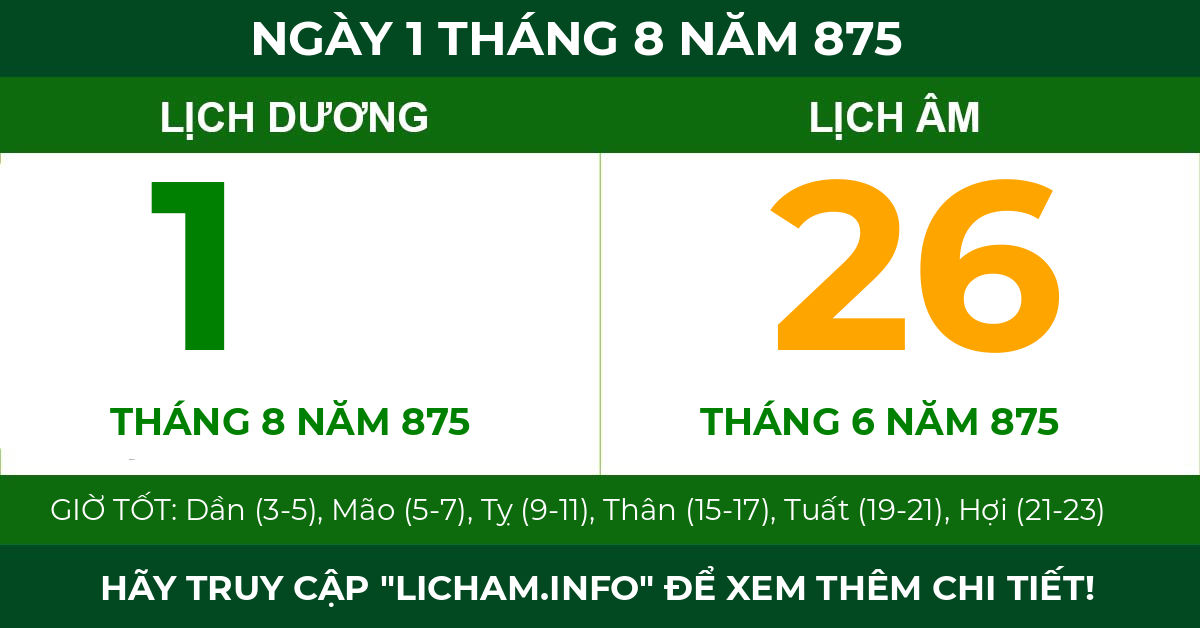 lịch âm ngày 1 tháng 8 năm 875