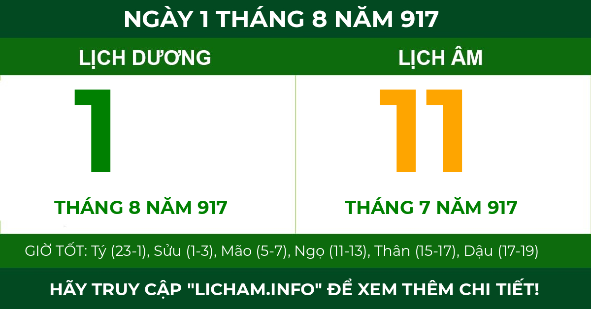 lịch âm ngày 1 tháng 8 năm 917