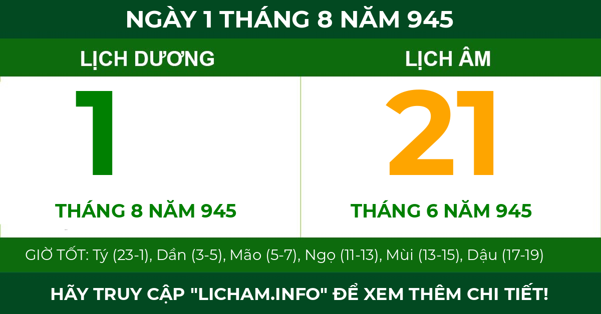 lịch âm ngày 1 tháng 8 năm 945