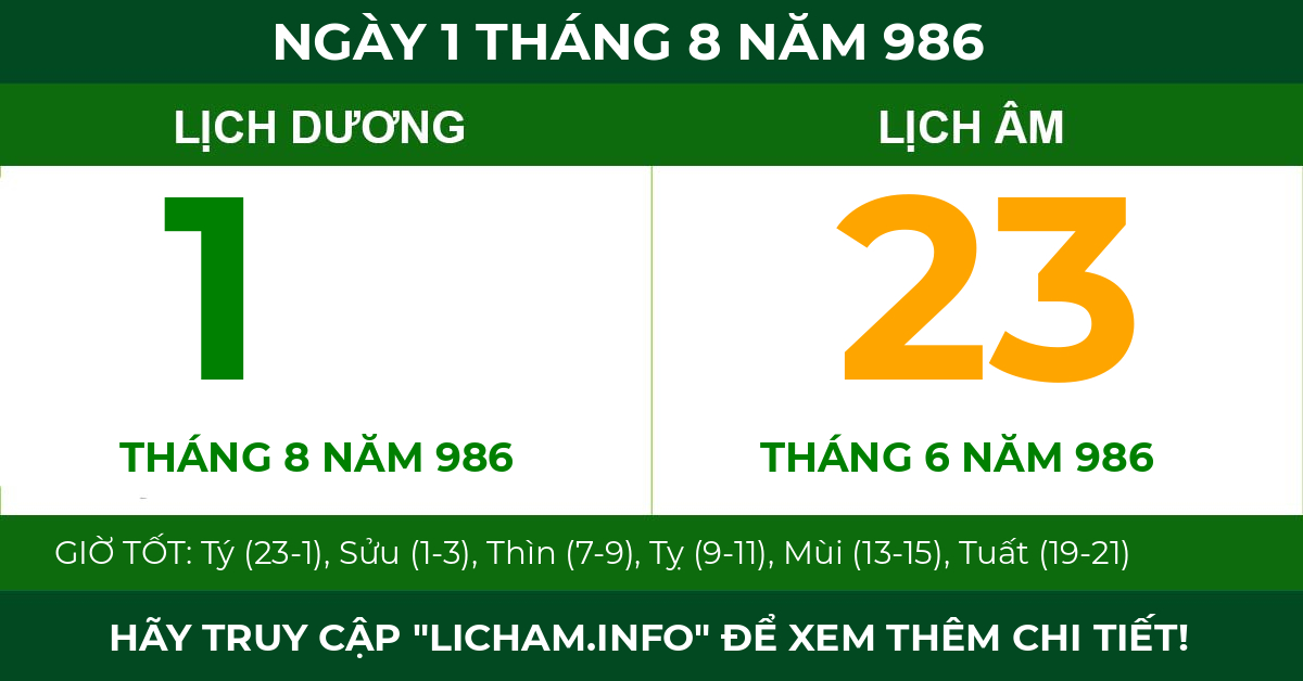 lịch âm ngày 1 tháng 8 năm 986