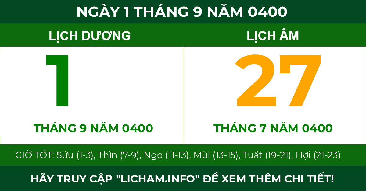 lịch âm ngày 1 tháng 9 năm 0400