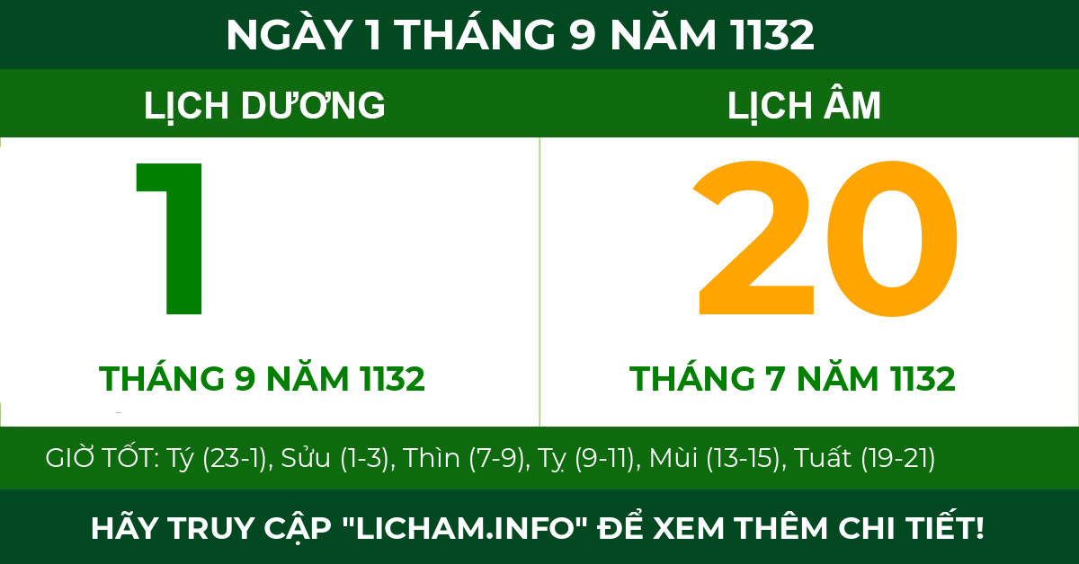 lịch âm ngày 1 tháng 9 năm 1132