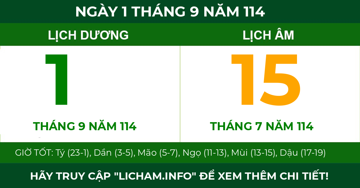 lịch âm ngày 1 tháng 9 năm 114