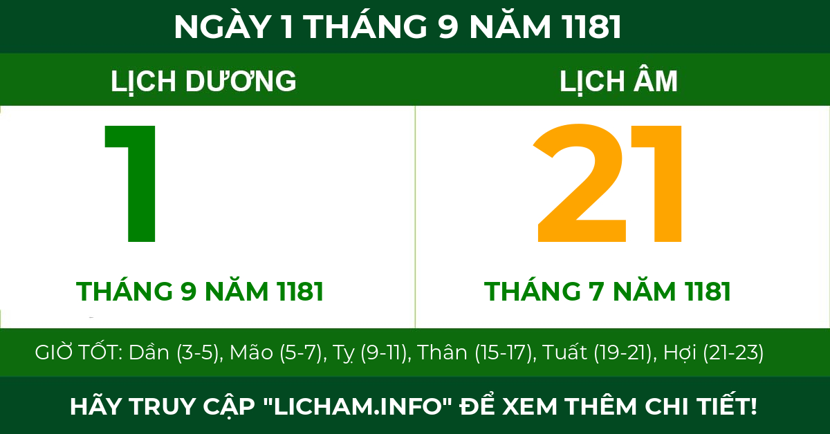 lịch âm ngày 1 tháng 9 năm 1181