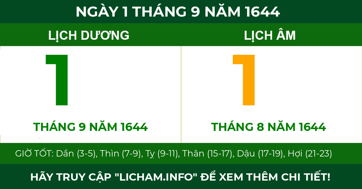 lịch âm ngày 1 tháng 9 năm 1644