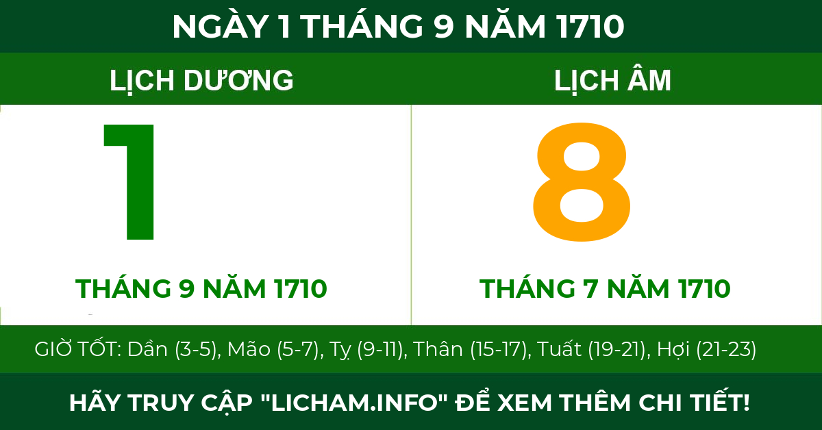 lịch âm ngày 1 tháng 9 năm 1710