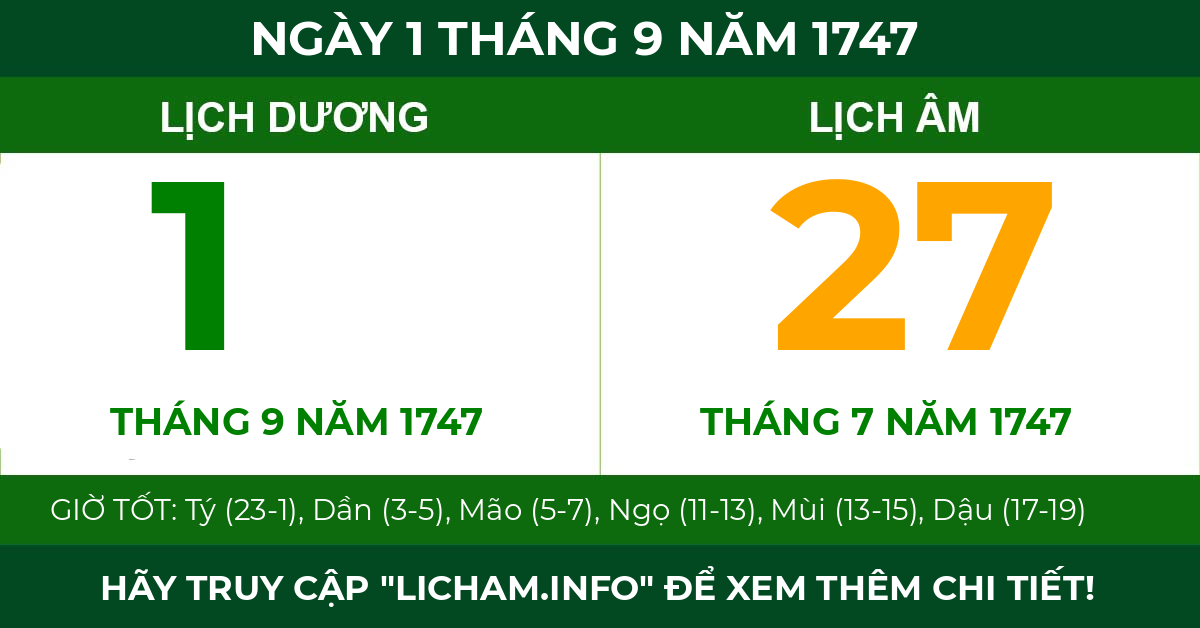 lịch âm ngày 1 tháng 9 năm 1747