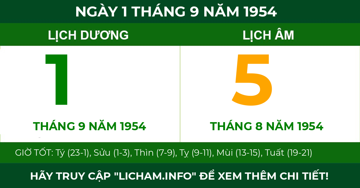 lịch âm ngày 1 tháng 9 năm 1954