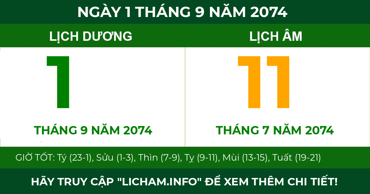 lịch âm ngày 1 tháng 9 năm 2074