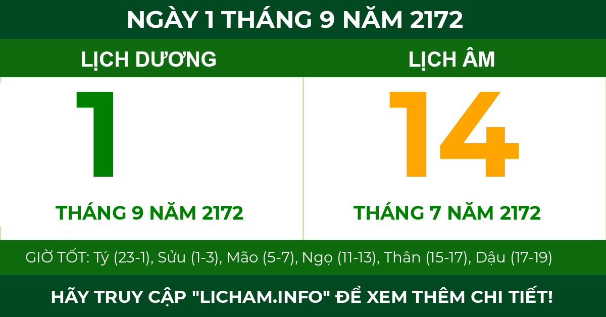 lịch âm ngày 1 tháng 9 năm 2172