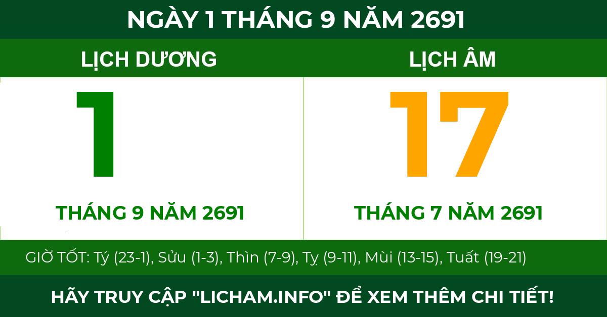 lịch âm ngày 1 tháng 9 năm 2691