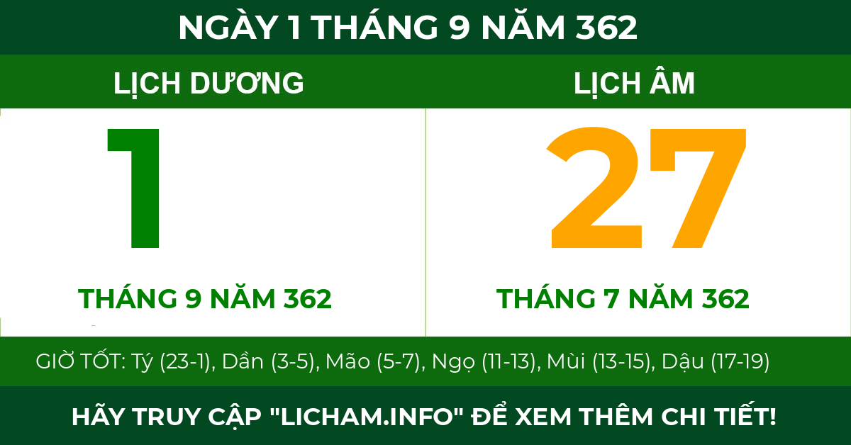 lịch âm ngày 1 tháng 9 năm 362