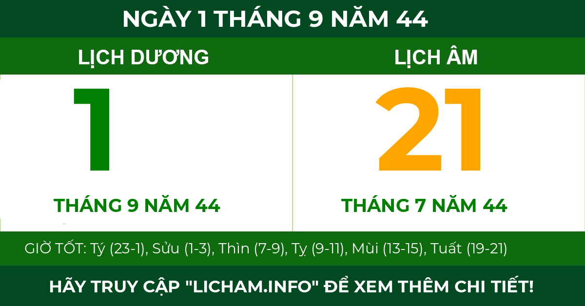 lịch âm ngày 1 tháng 9 năm 44